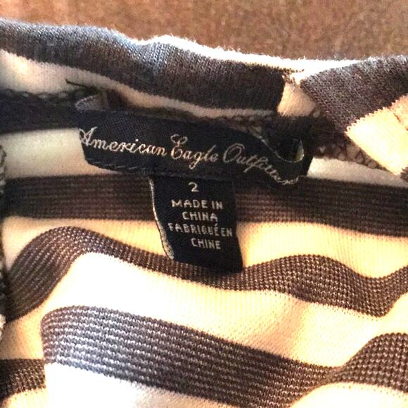 Vtg American Eagle Sz 2 Gray White Striped criss cross back cutout slvls dress - Picture 6 of 6